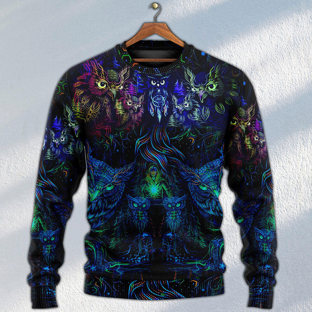 Colorful Owl And Witch Fantasy Sweater For Art Lovers Holidays Parties And Comfortable Wear