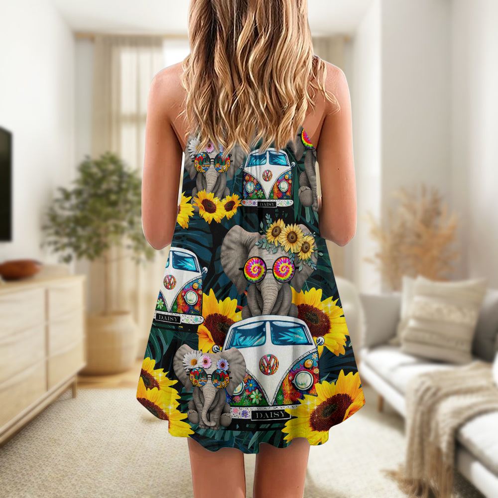 Hippie Elephant Camping Vibes V-Neck Sleeveless Cami Dress For Summer Events And Comfortable Everyday Style