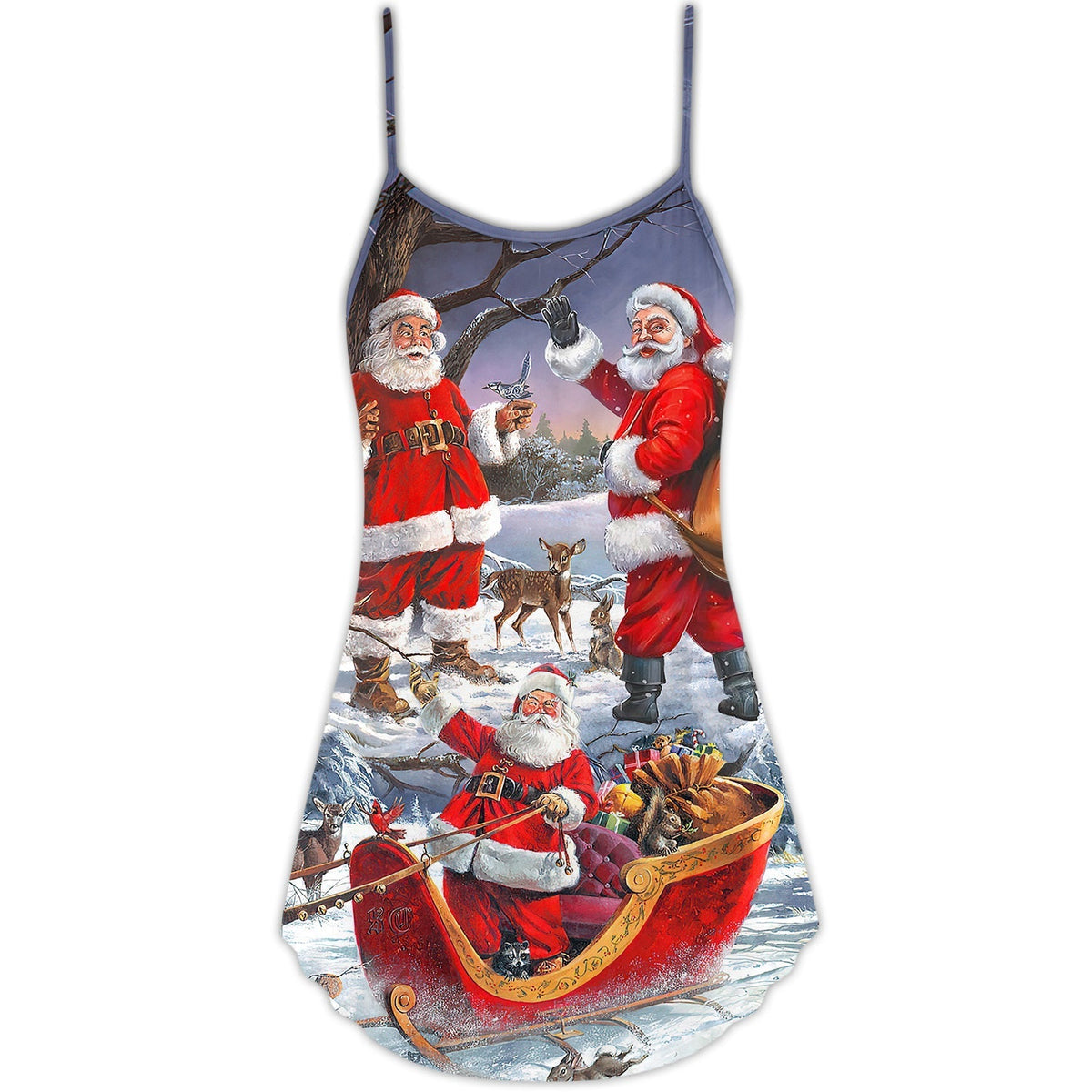 Christmas Happy Santa Holiday Art V-Neck Sleeveless Cami Dress For Holiday Parties And Relaxed Vacation Wear