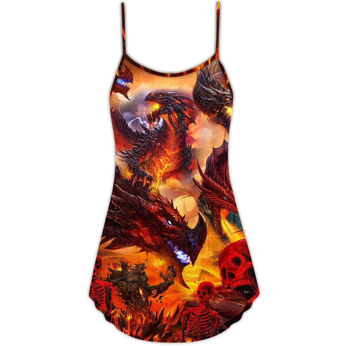 Red Dragon Skull Fire Style V-Neck Sleeveless Cami Dress For Alternative Style Parties And Relaxed Everyday Wear