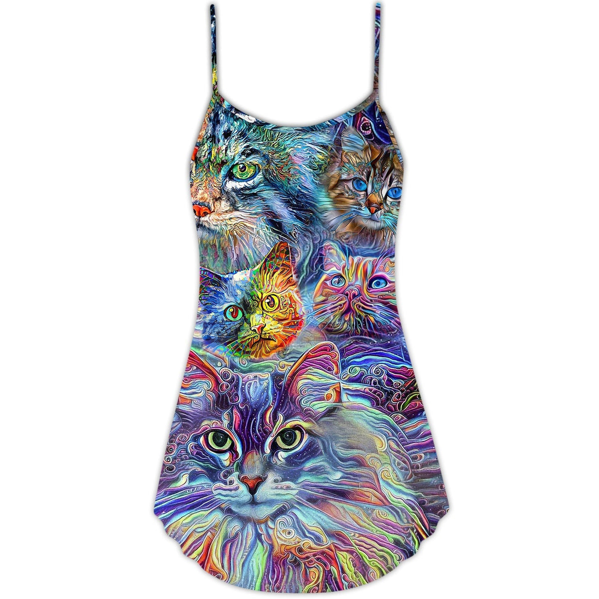 Hippie Cat Art Lover Colorful V-Neck Sleeveless Cami Dress For Festivals Travel And Relaxed Casual Summer Wear