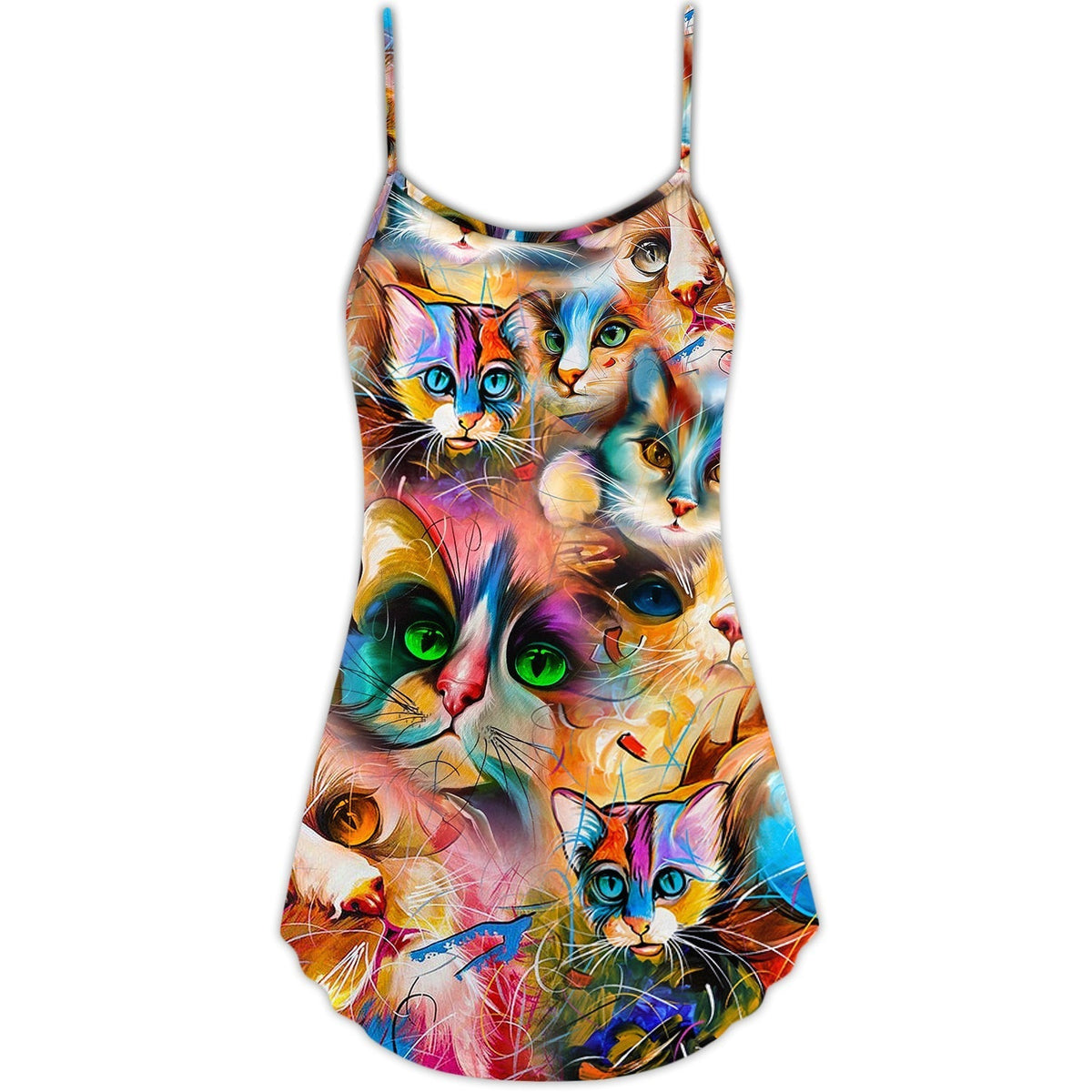 Colorful Cat Art Mixer V-Neck Sleeveless Cami Dress For Vacations And Casual Warm Weather Wear