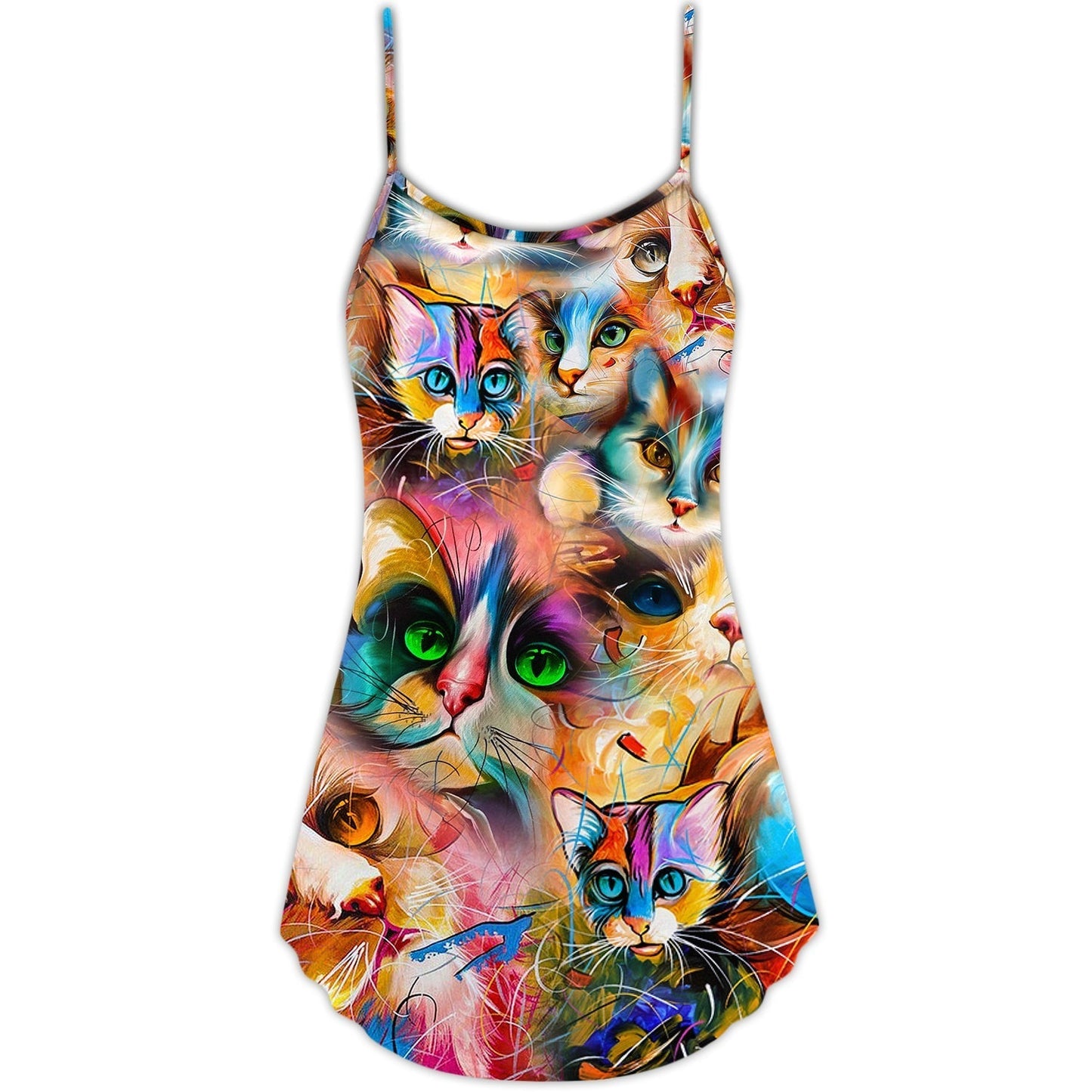 Colorful Cat Art Mixer V-Neck Sleeveless Cami Dress For Vacations And Casual Warm Weather Wear