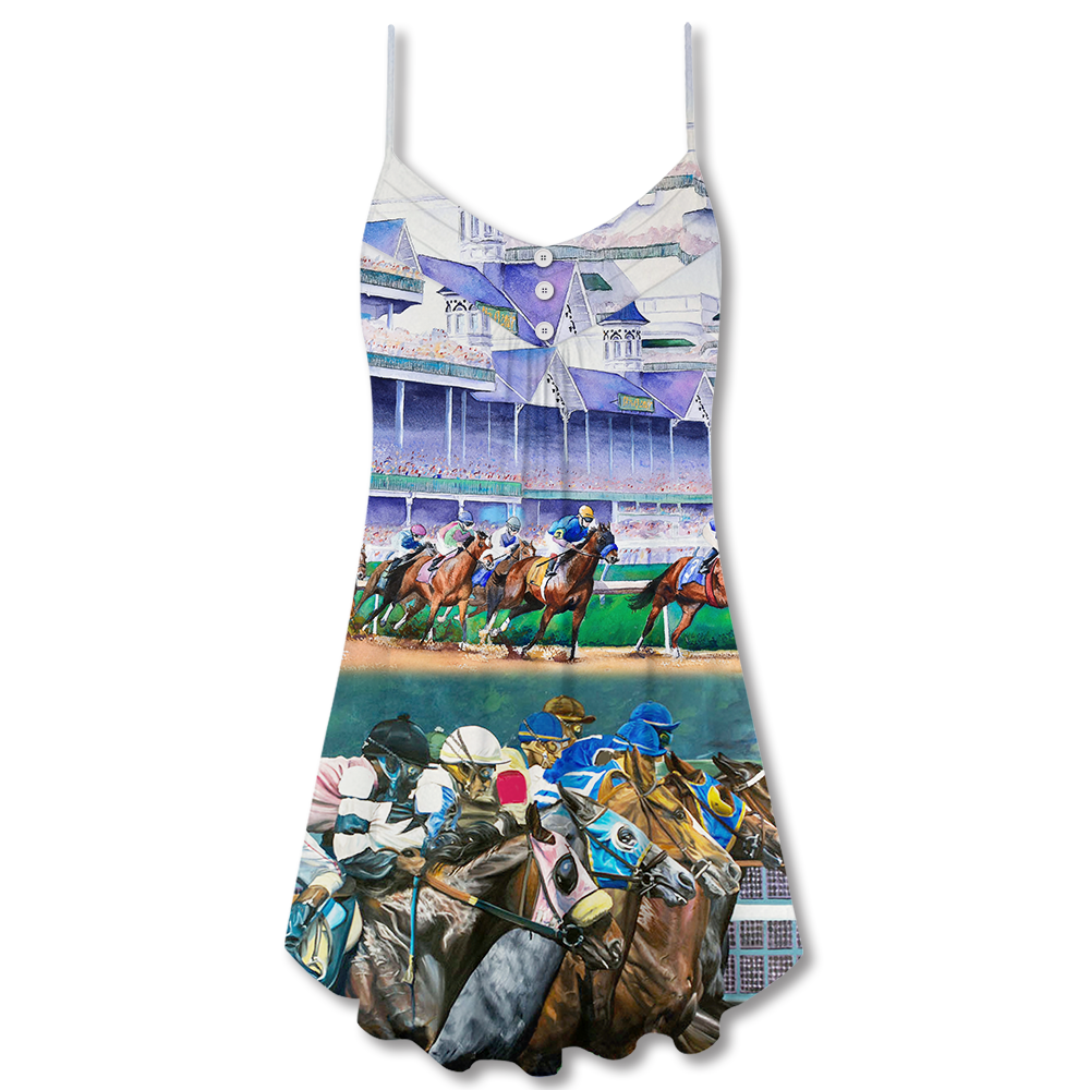 Horse Racing Road Love V-Neck Sleeveless Cami Dress For Beach Trips Parties And Relaxed Warm Weather Style