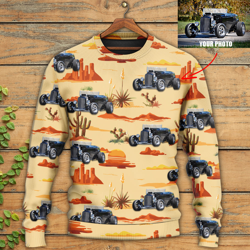 Hot Rod Vintage Cowboy Landscape Sweater For Automotive Fans Travel Events And Relaxed Casual Wear