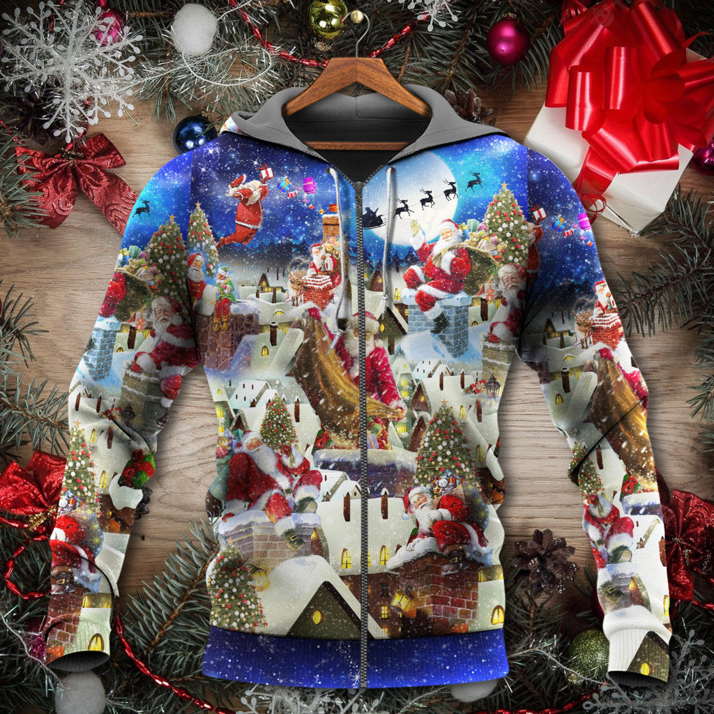 Christmas Rooftop Santa Reindeer Night Hoodie For Festive Streetwear Winter Outings And Christmas Celebrations