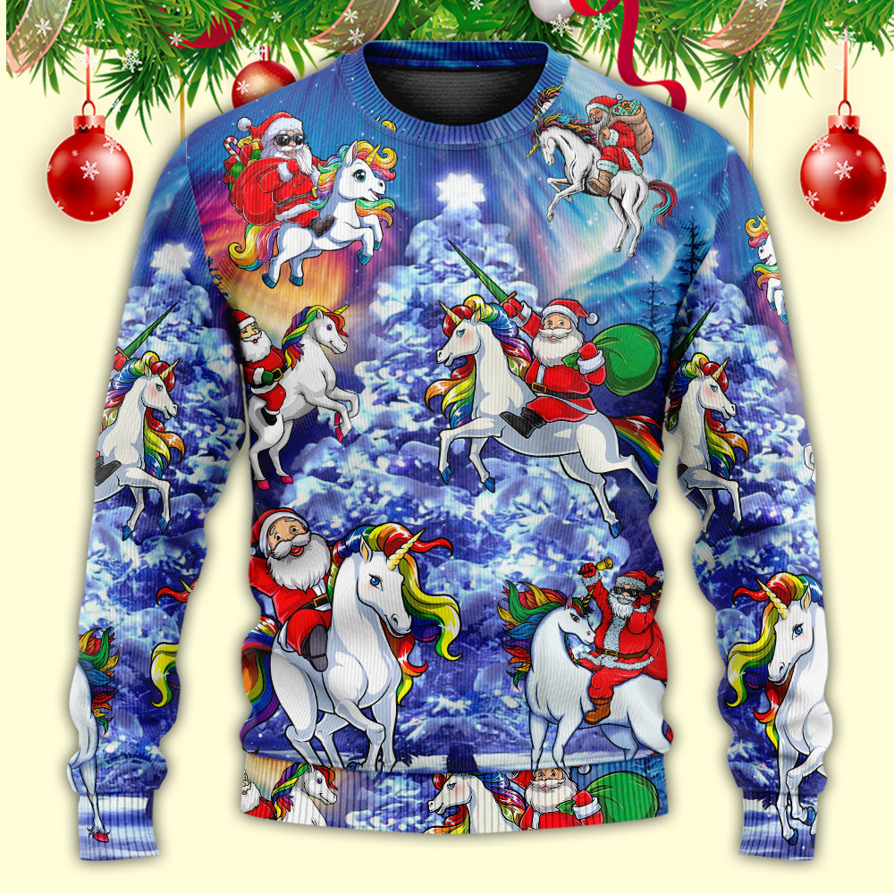 Christmas Santa Riding Unicorn Rainbow Night Sweater For Winter Parties Seasonal Adventures And Relaxed Everyday Styling