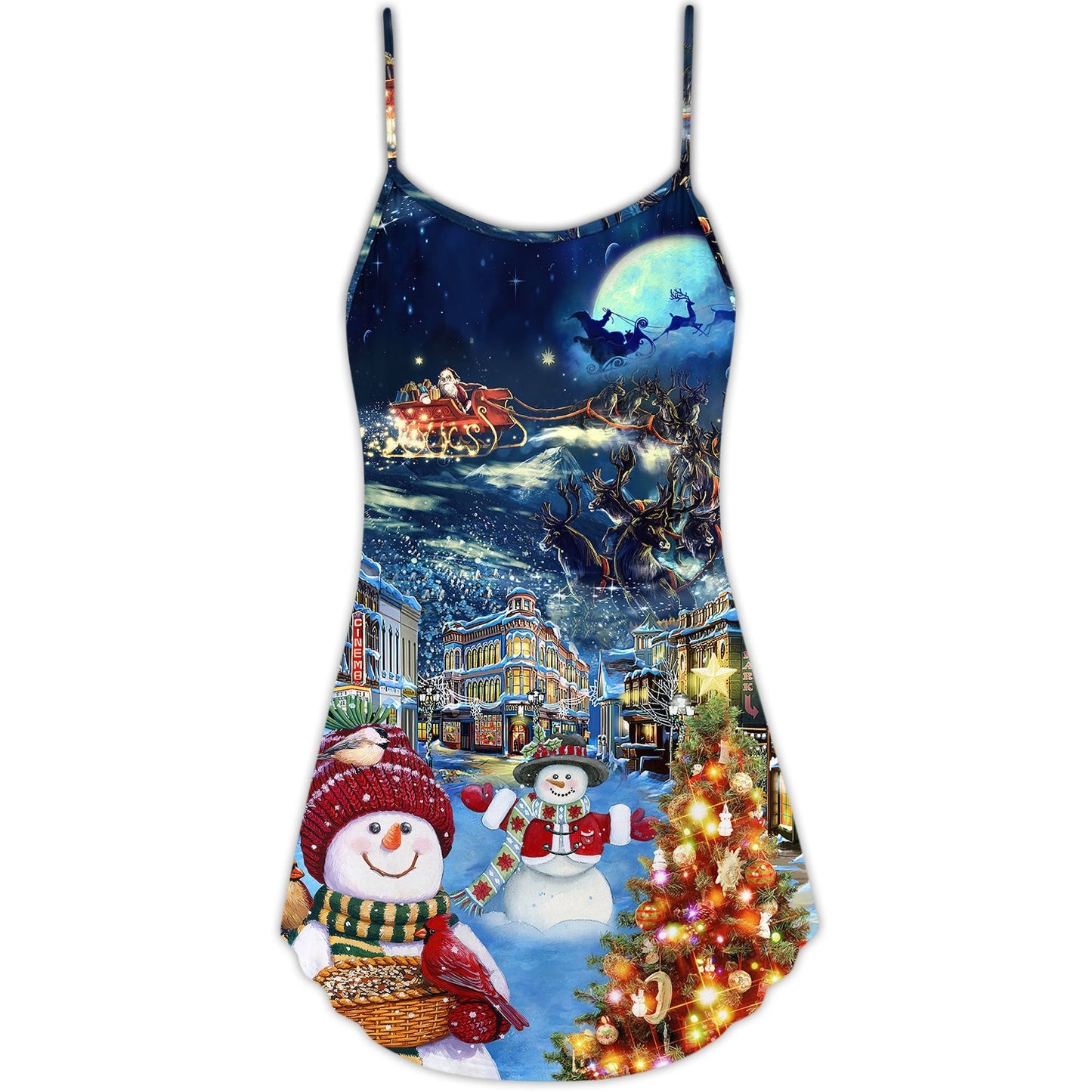 Christmas Snowman Santa Family V-Neck Sleeveless Cami Dress For Festive Events And Casual Summer Styling