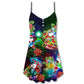 Music Funny Santa Merry Christmas Snow V-Neck Sleeveless Cami Dress For Vacations And Casual Warm Weather Wear