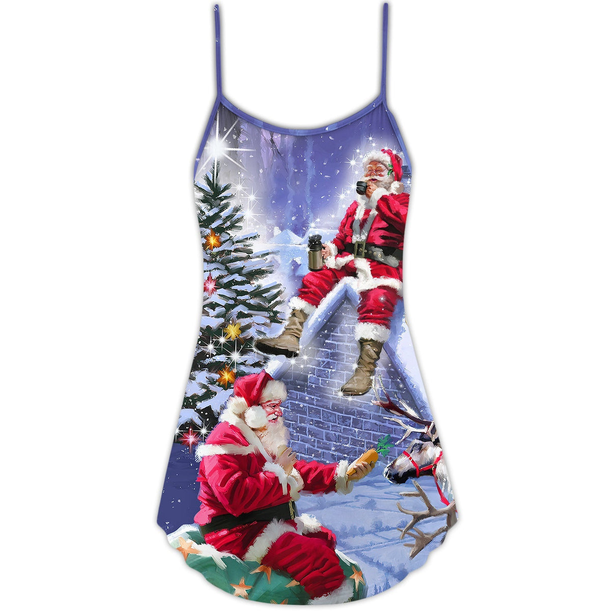 Santa Night Story Holiday V-Neck Sleeveless Cami Dress For Summer Vacations Festivals And Casual Everyday Wear