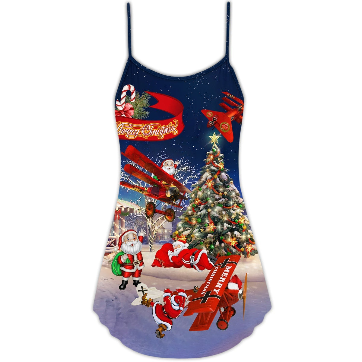 Christmas Santa Loves Airplane V-Neck Sleeveless Cami Dress For Festivals Travel And Relaxed Casual Summer Wear