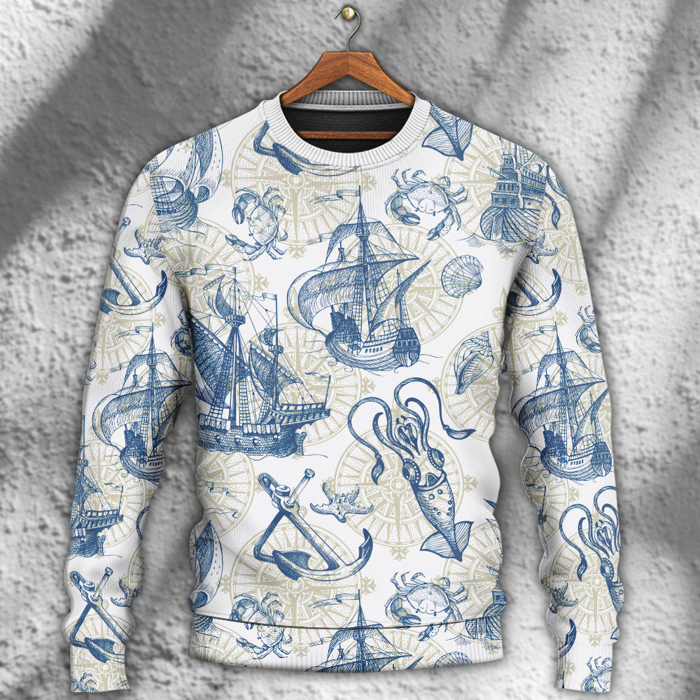 Vintage Sailboat Sea Monster Map Sweater For Nautical Adventures Travel Events And Thoughtful Gifting