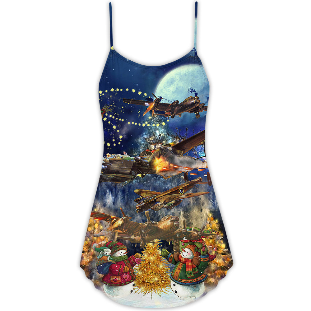 Combat Aircraft Merry Christmas Night V-Neck Sleeveless Cami Dress For Vacations And Casual Warm Weather Wear