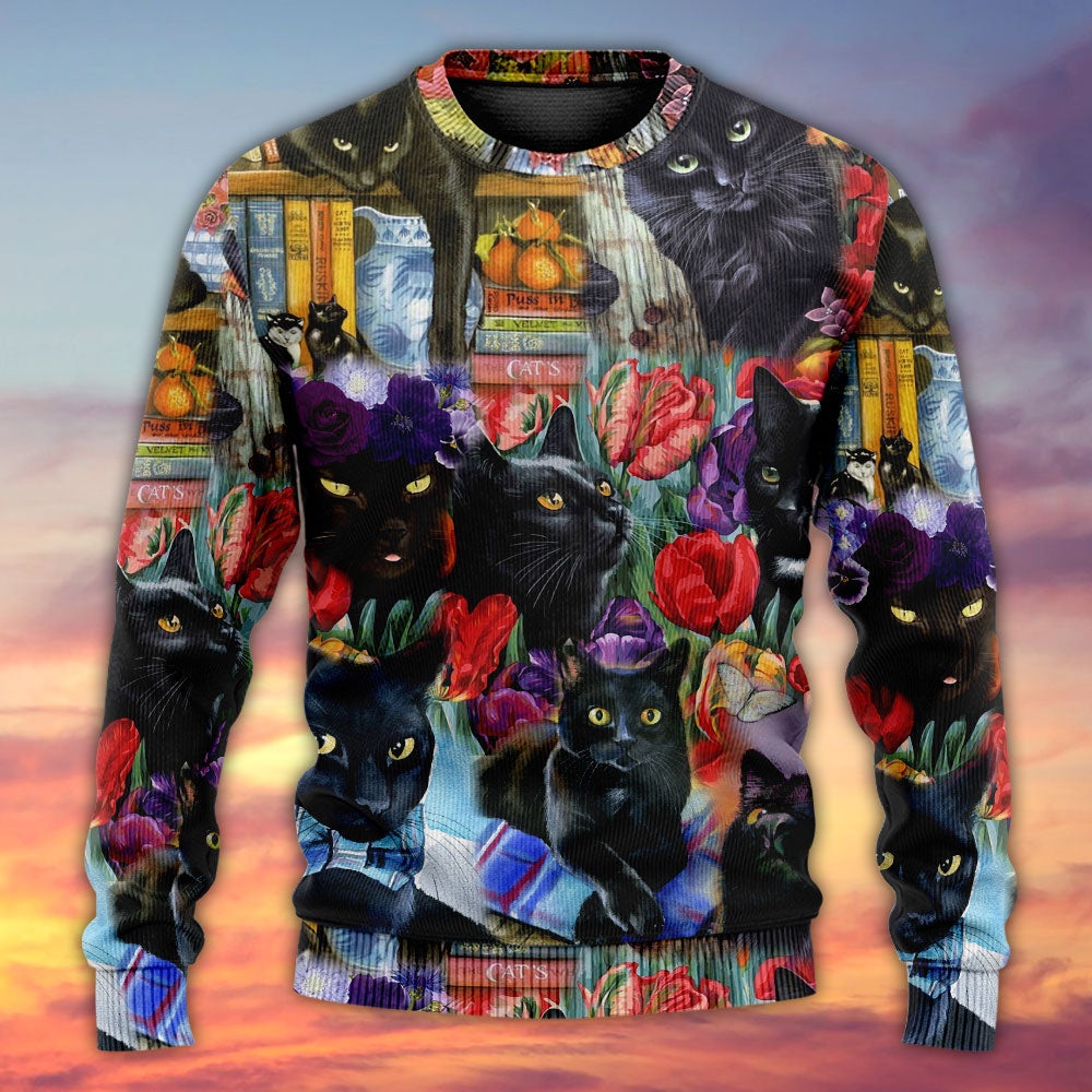 Black Cat With Floral Sweater For Nature Inspired Fashion Events And Relaxed Everyday Comfort