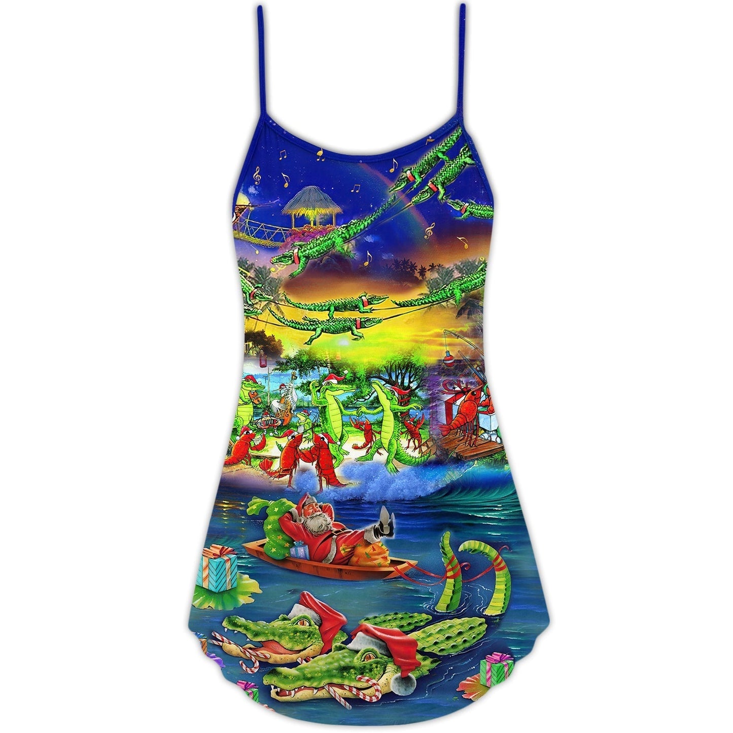 Christmas Santa Riding Alligator V-Neck Sleeveless Cami Dress For Festive Events And Casual Summer Styling