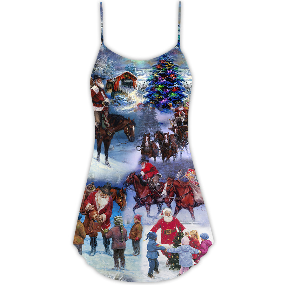 Santa Cowboy Christmas Love Children V-Neck Sleeveless Cami Dress For Vacations And Casual Warm Weather Wear