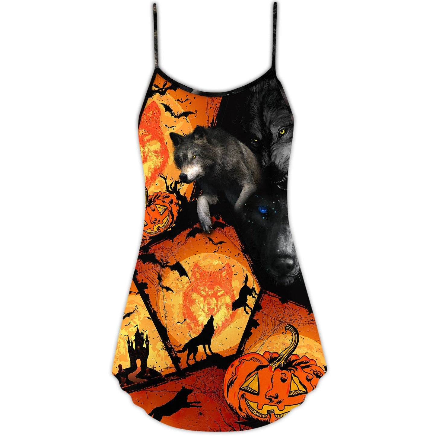 Halloween Wolf Pumpkin Scary V-Neck Sleeveless Cami Dress For Summer Events And Comfortable Everyday Style