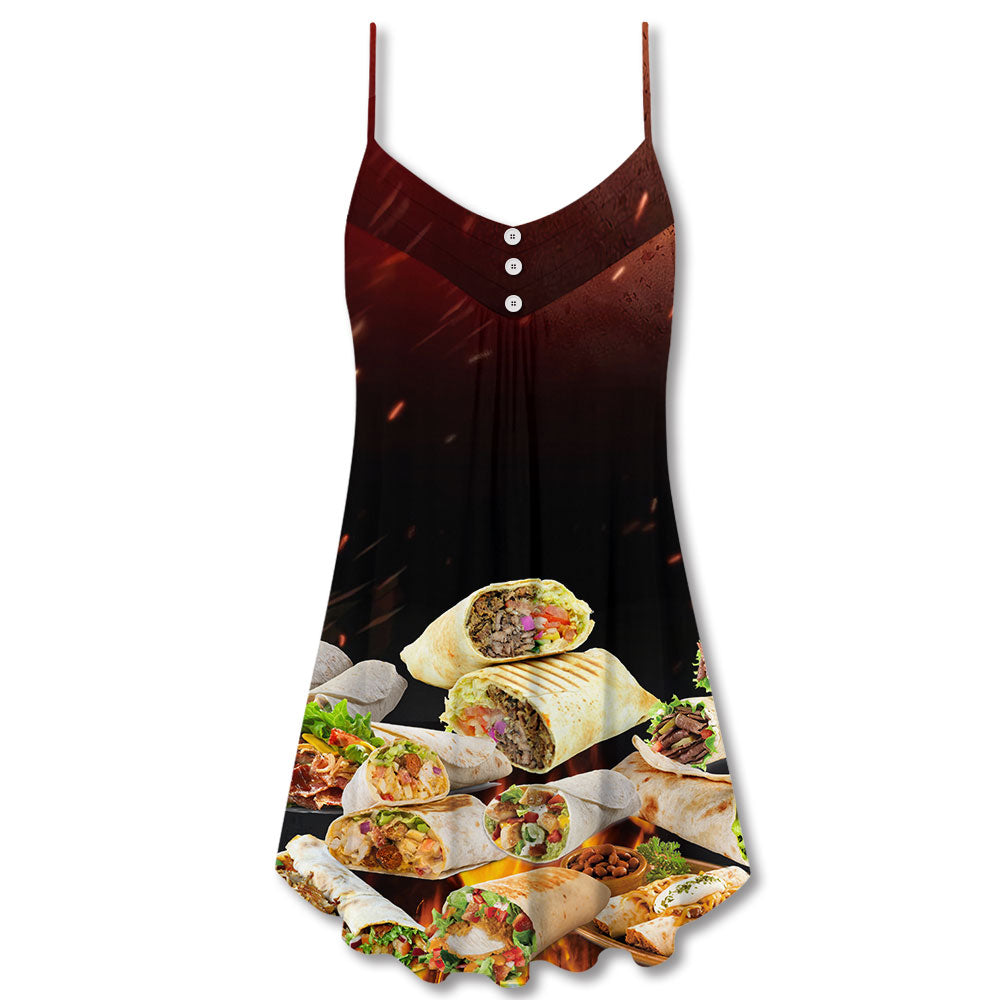 Burritos Fast Food Delight V-Neck Sleeveless Cami Dress For Festivals Picnics And Comfortable Seasonal Styling