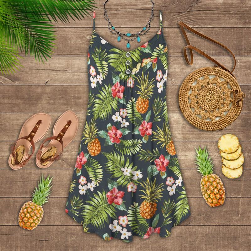 Fruit Pineapple Tropical V-Neck Sleeveless Cami Dress For Beach Festivals And Comfortable Summer Outfits