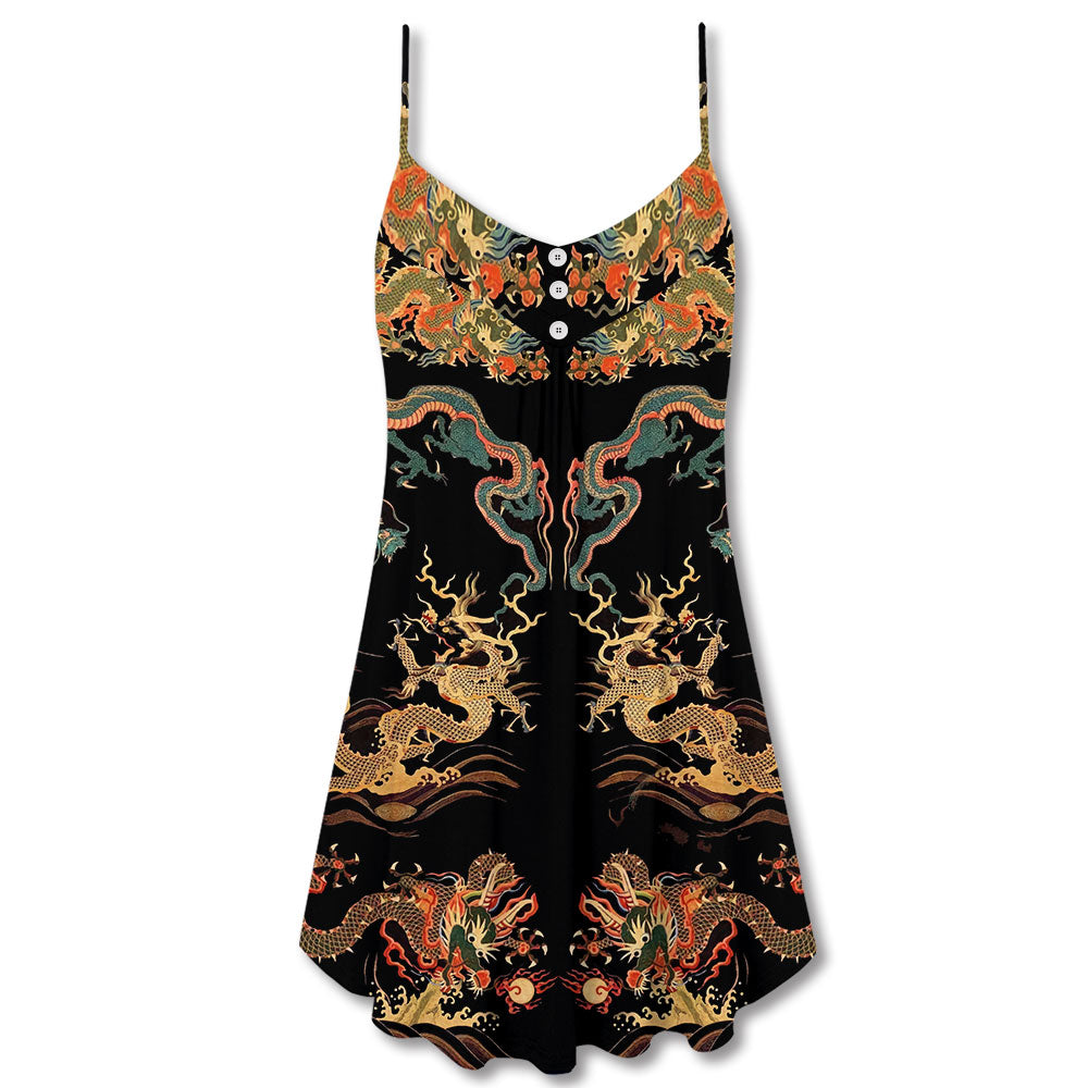Royal Asian Dragon Art V-Neck Sleeveless Cami Dress For Fantasy Festivals Parties And Bold Summer Styling