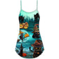 Halloween Black Cat Pumpkin Scary Style V-Neck Sleeveless Cami Dress For Vacations And Casual Warm Weather Wear