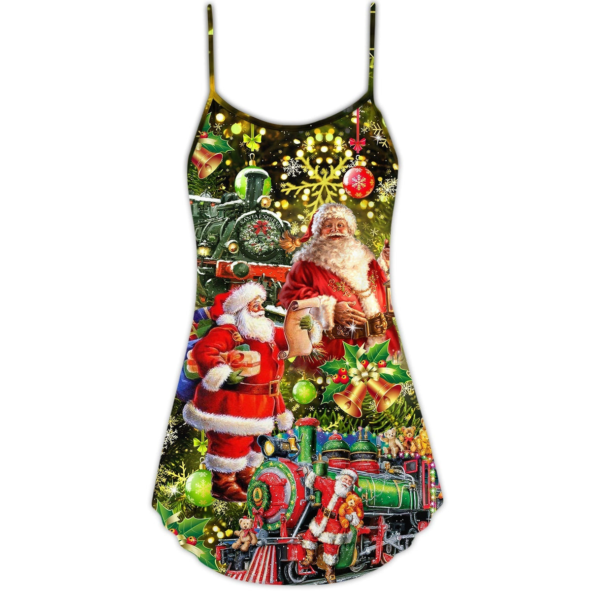 Christmas Santa Is Coming V-Neck Sleeveless Cami Dress For Vacations Parties And Expressive Warm Weather Styling