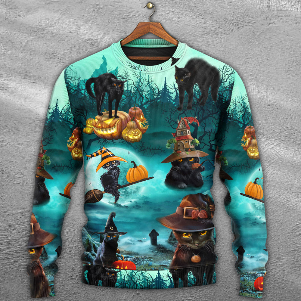 Halloween Black Cat Pumpkin Sweater For Art Fans Travel Parties And Distinctive Casual Style