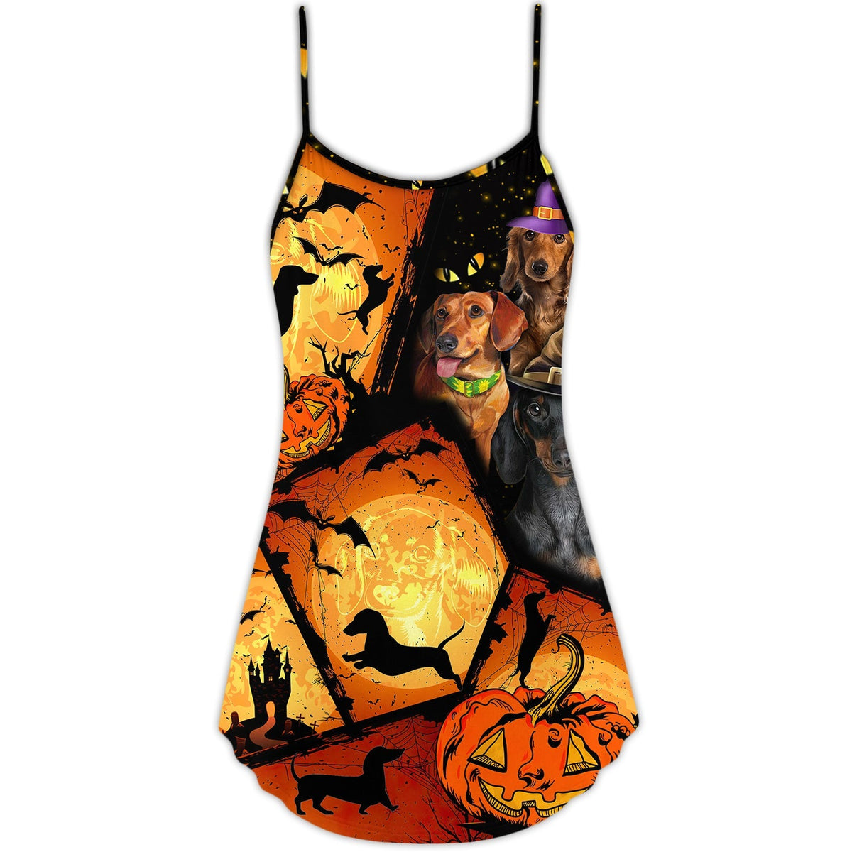 Halloween Dachshund Pumpkin Scary V-Neck Sleeveless Cami Dress For Summer Events And Comfortable Everyday Style