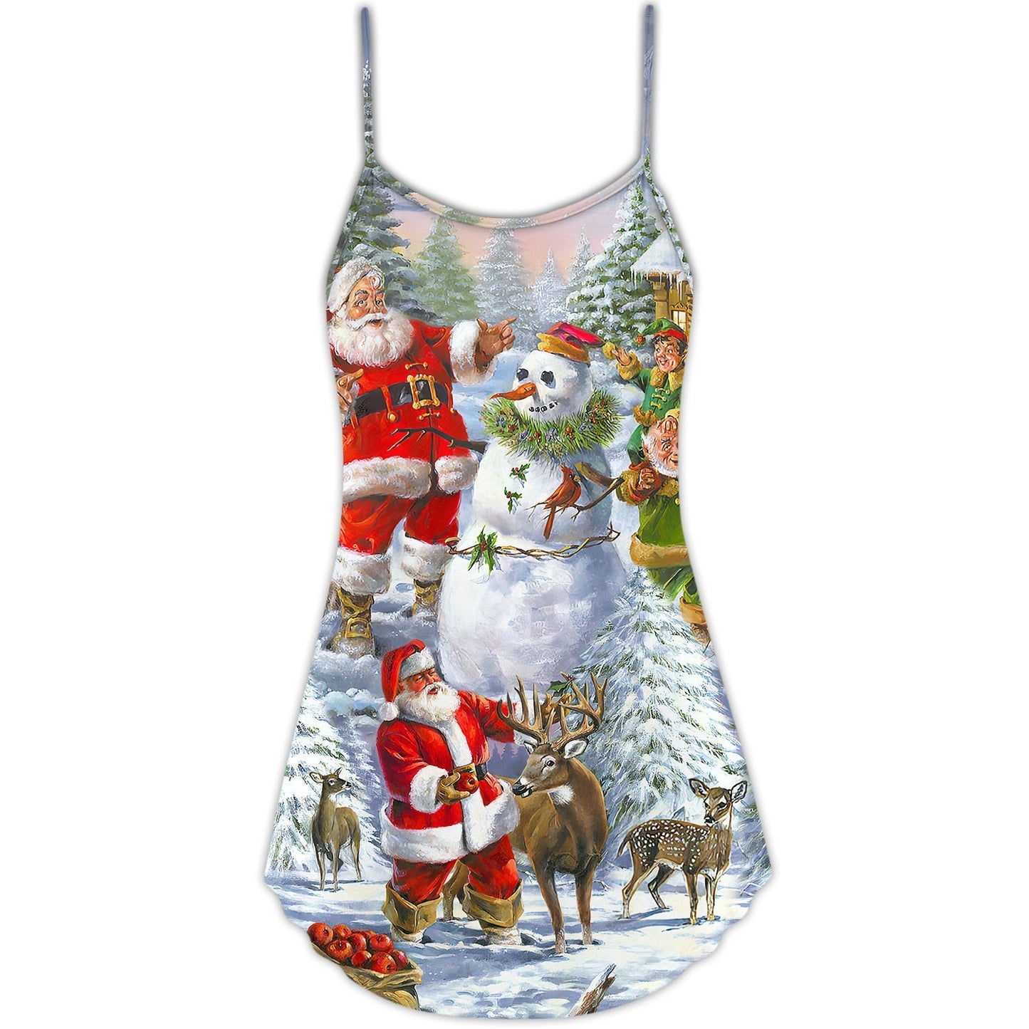 Christmas Santa Snowman Elf So Happy Art Style V-Neck Sleeveless Cami Dress For Festive Events And Casual Summer Styling