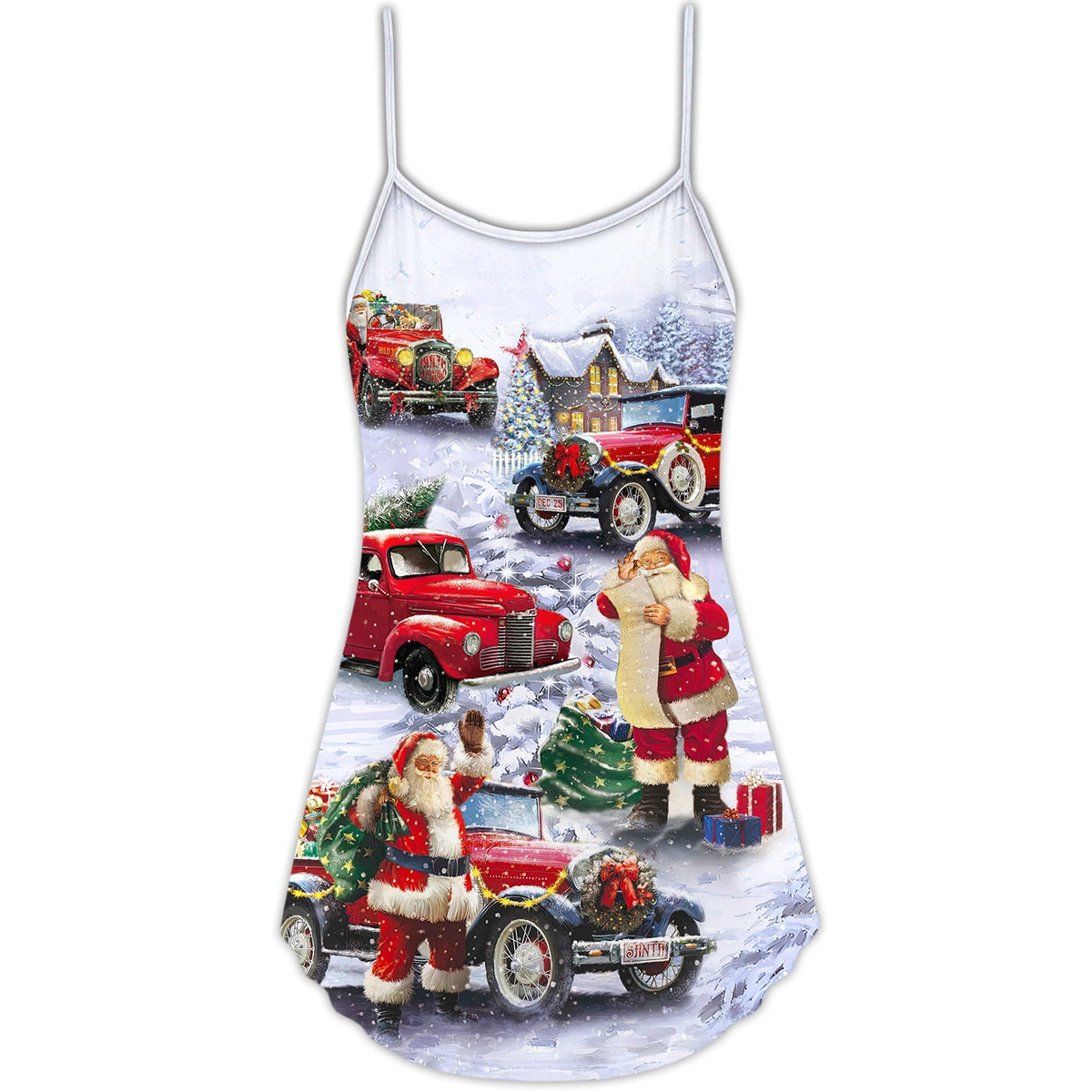 Santa Red Truck Gift V-Neck Sleeveless Cami Dress For Holiday Parties And Relaxed Vacation Wear