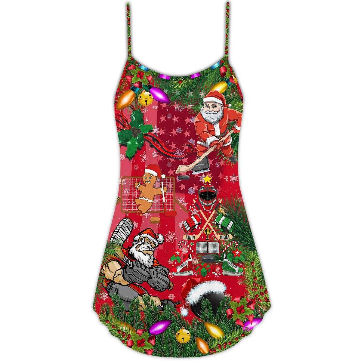 Christmas Hockey Fun With Santa V-Neck Sleeveless Cami Dress For Festivals Travel And Relaxed Casual Summer Wear