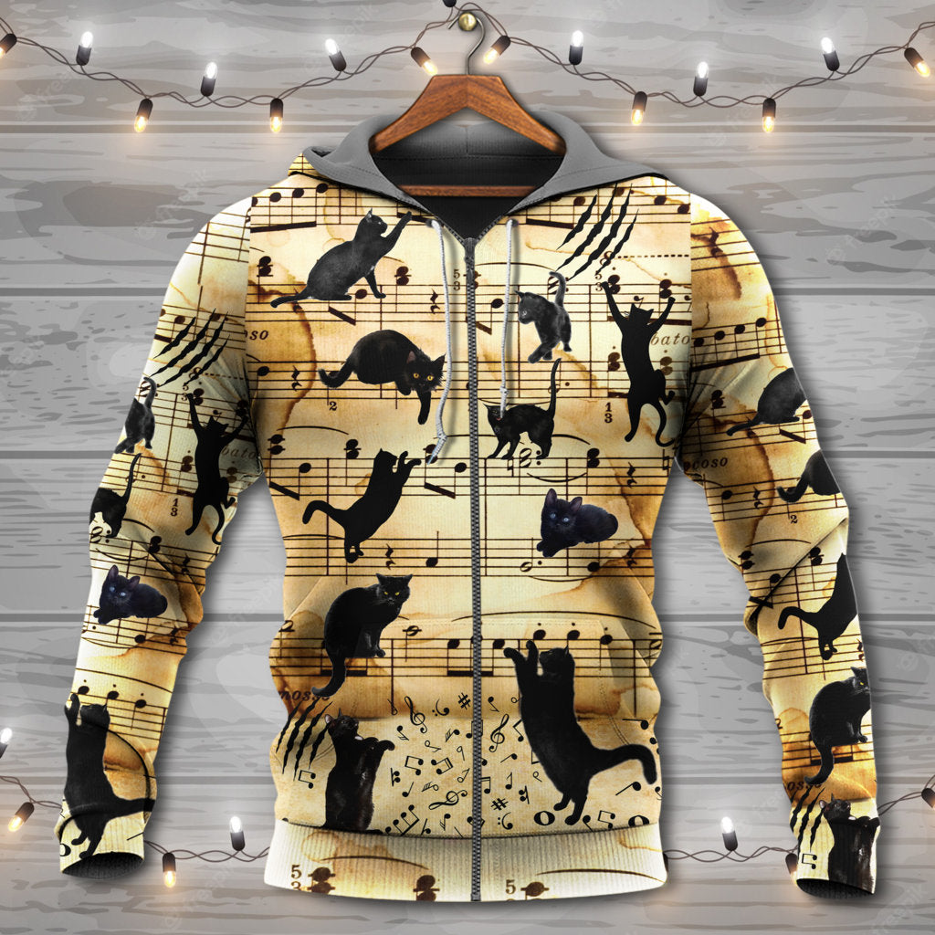 Black Cat Music Note Love Hoodie For Festival Outfits Music Events And Relaxed Daily Style
