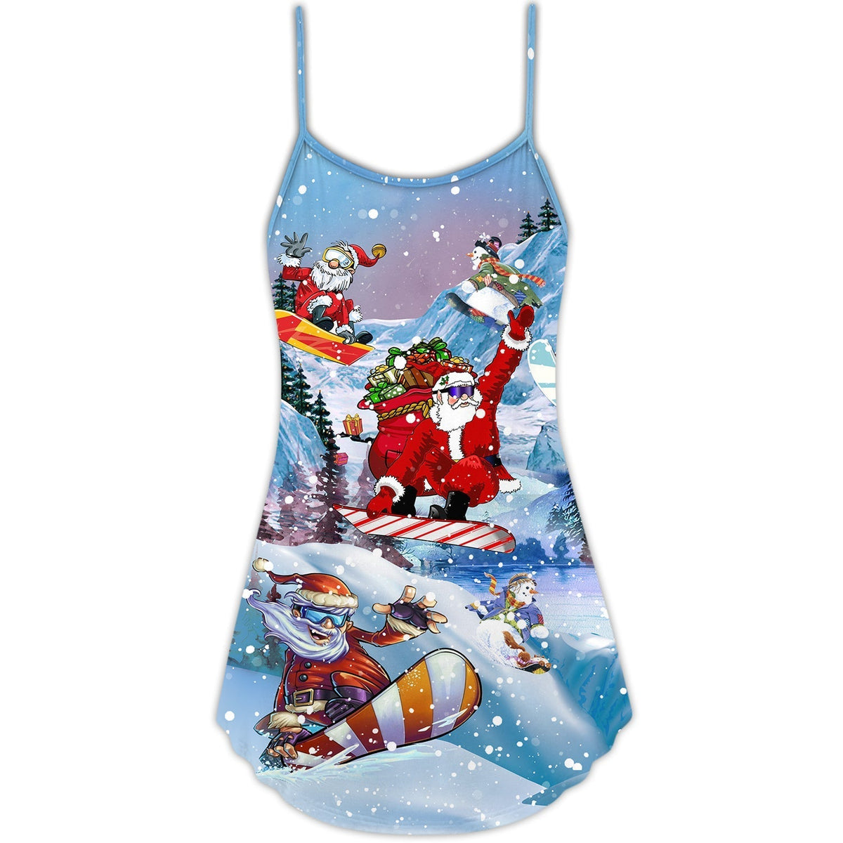 Christmas Snowboarding Holiday Spirit V-Neck Sleeveless Cami Dress For Vacations And Casual Warm Weather Wear