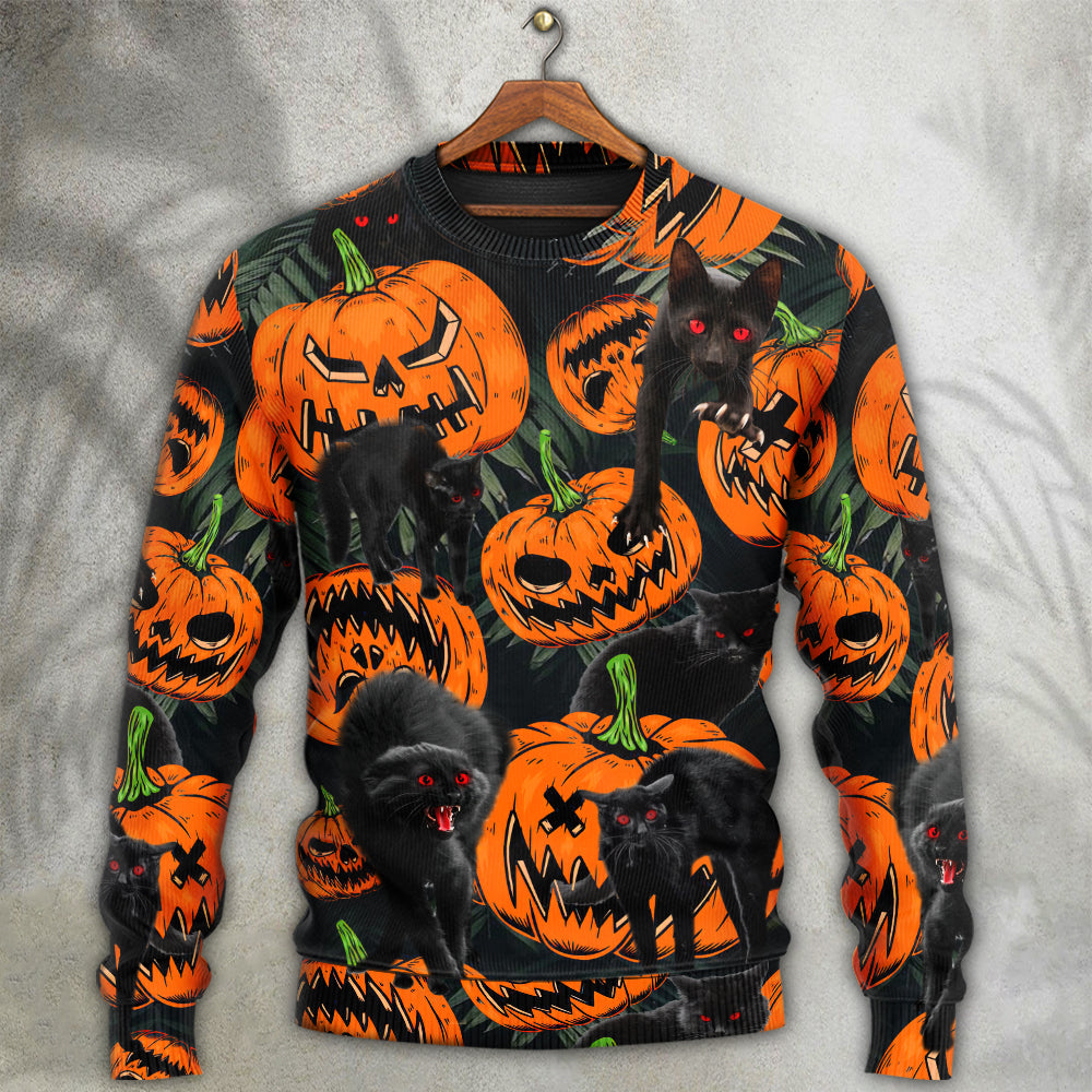 Halloween Black Cat Pumpkin Tropical Sweater For Art Fans Travel Parties And Distinctive Casual Style