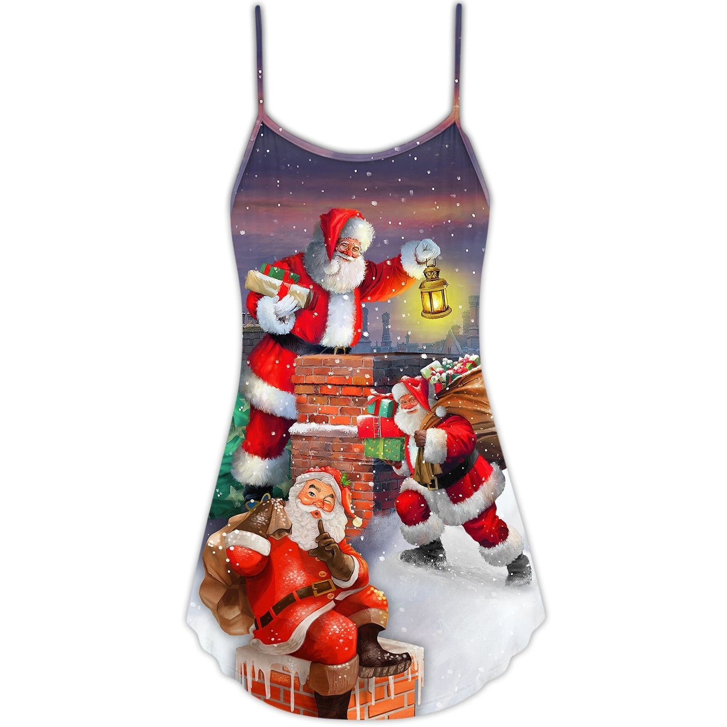 Santa Holiday Fun Art V-Neck Sleeveless Cami Dress For Summer Events And Comfortable Everyday Style