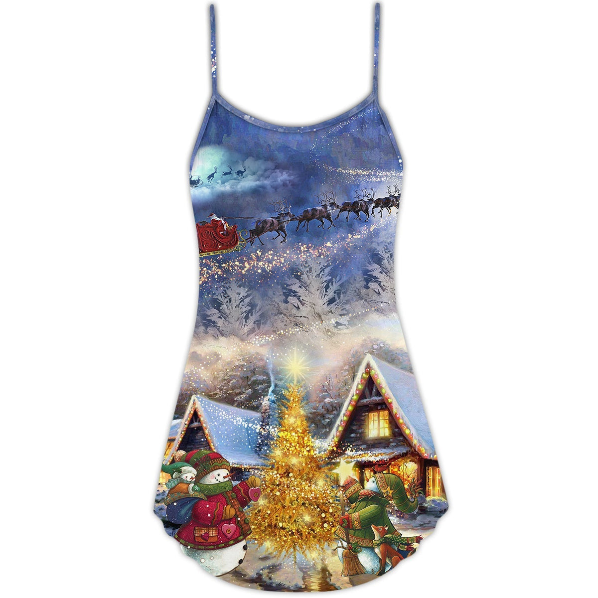 Christmas Santa Reindeer Snowman Family Love V-Neck Sleeveless Cami Dress For Festive Events And Casual Summer Styling
