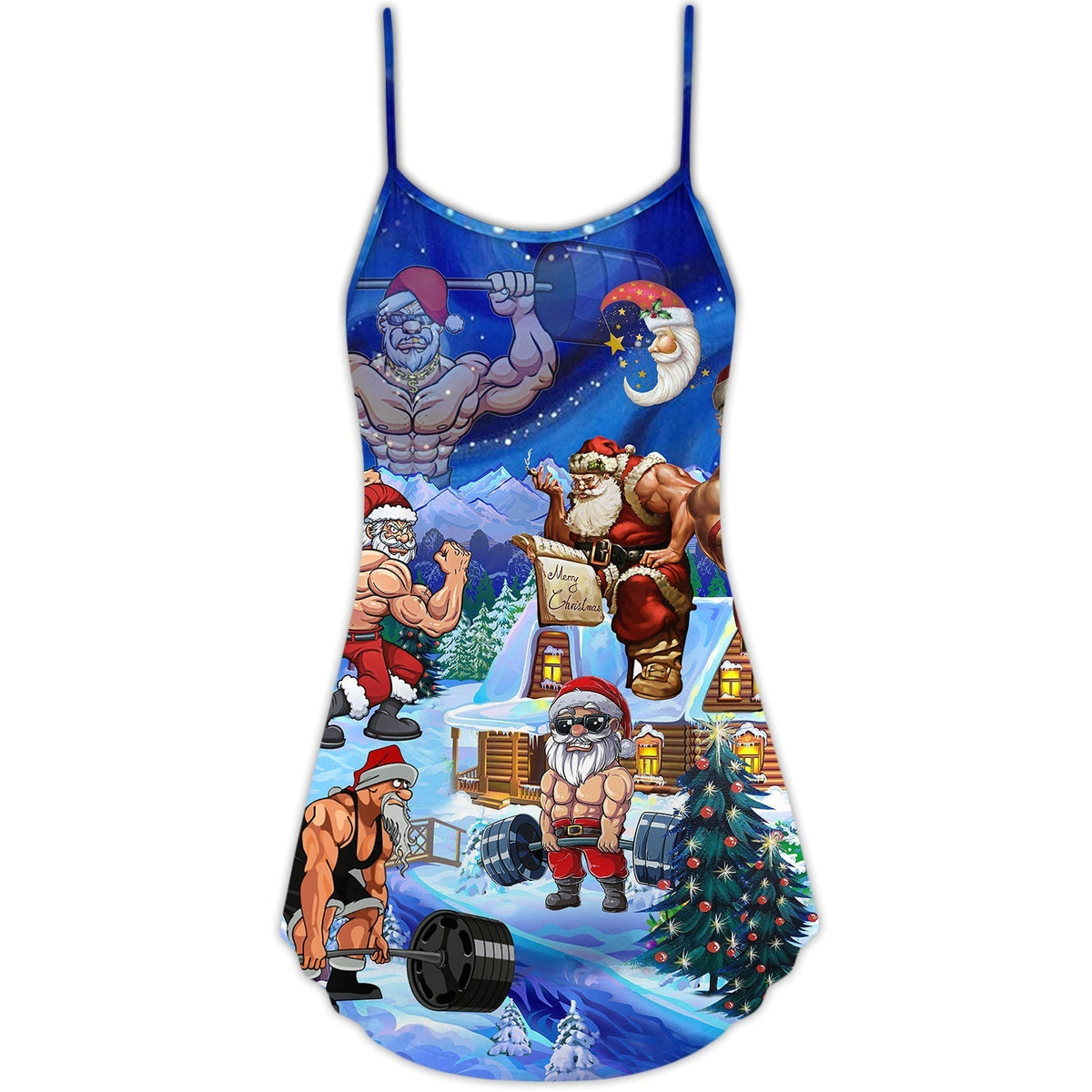 Christmas Funny Santa Strong Style V-Neck Sleeveless Cami Dress For Summer Events And Comfortable Everyday Style