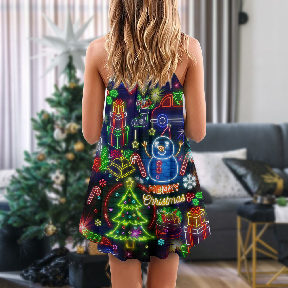 Christmas Bright Neon Lights V-Neck Sleeveless Cami Dress For Festive Events And Casual Summer Styling