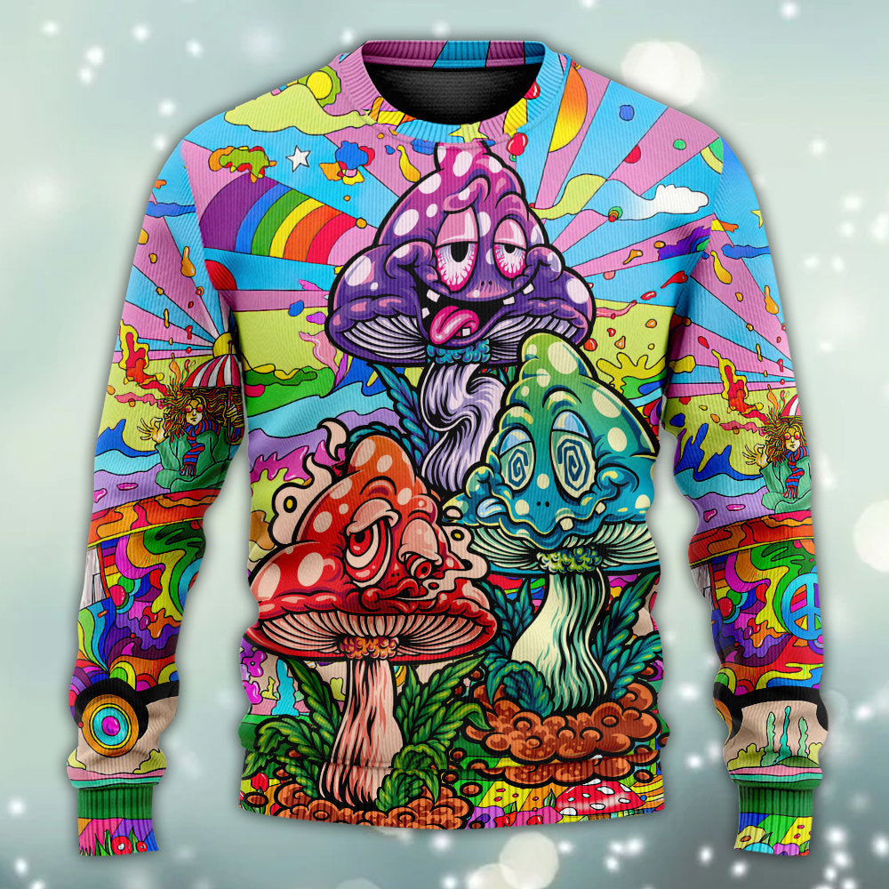 Hippie Colorful Mushroom Happy Sweater For Festival Adventures Vacations And Relaxed Daily Styling