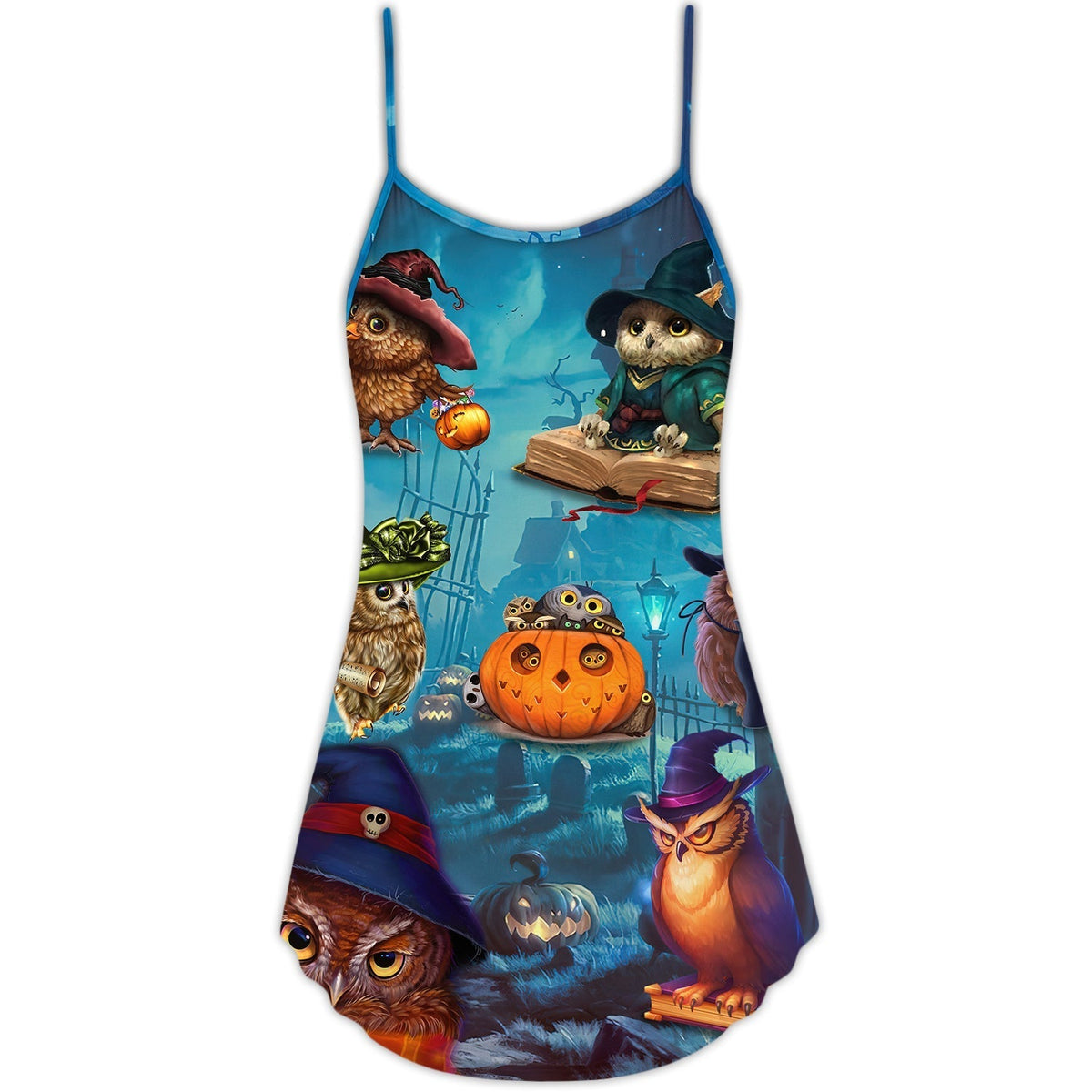 Halloween Owl Witch Night Sky V-Neck Sleeveless Cami Dress For Vacations And Casual Warm Weather Wear