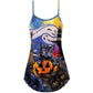 Halloween Black Cat Starry Night Funny V-Neck Sleeveless Cami Dress For Vacations And Casual Warm Weather Wear