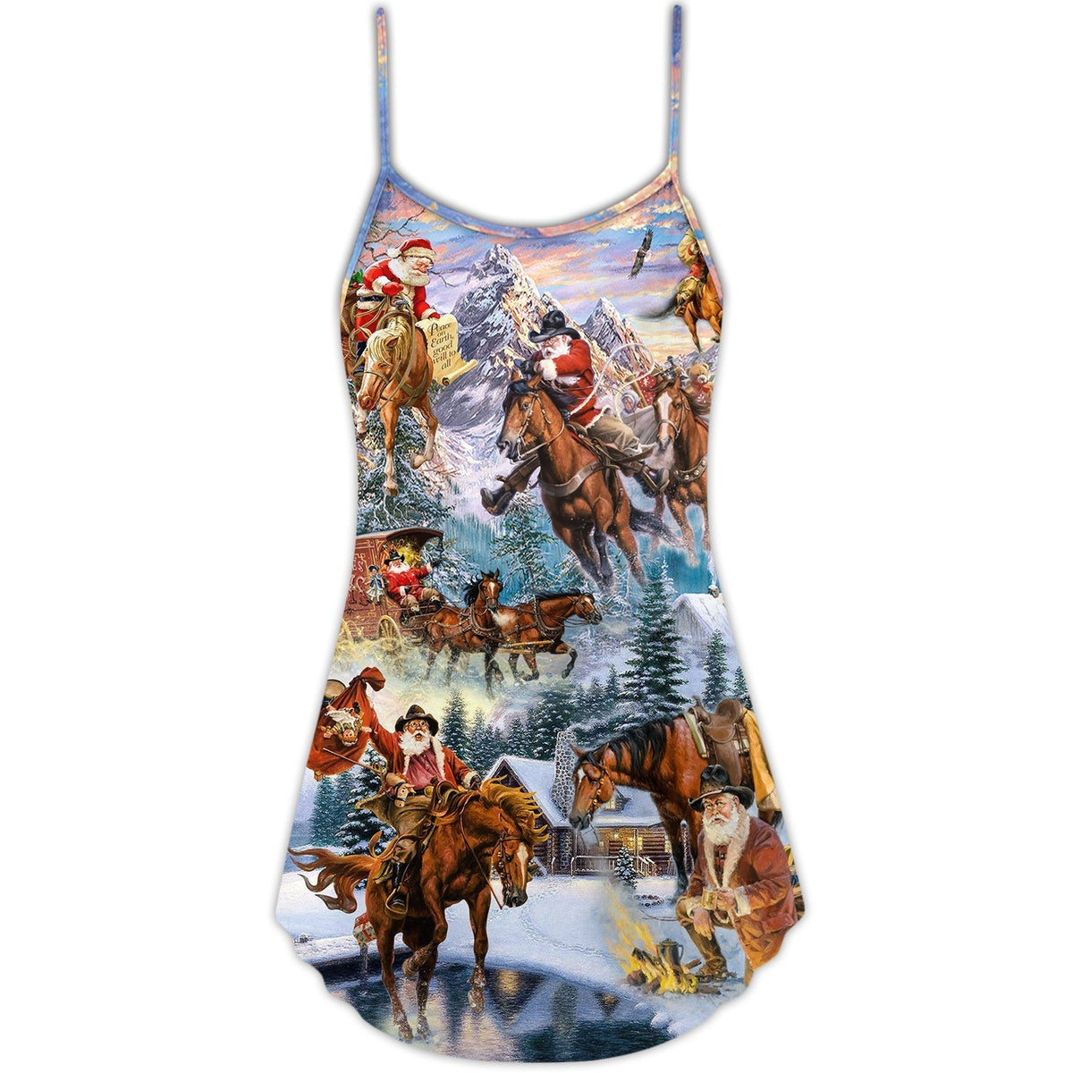 Santa Riding Horse Snow Mountain V-Neck Sleeveless Cami Dress For Festive Events And Casual Summer Styling