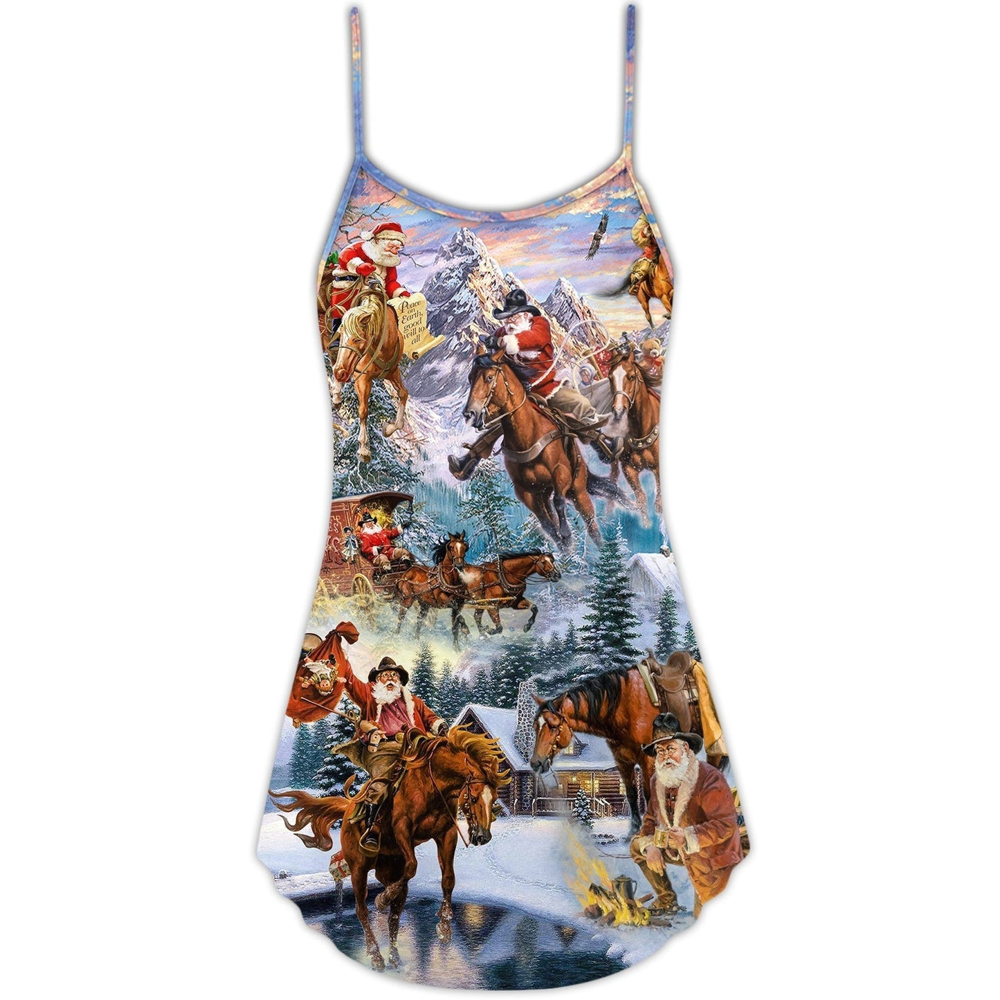 Santa Riding Horse Snow Mountain V-Neck Sleeveless Cami Dress For Festive Events And Casual Summer Styling