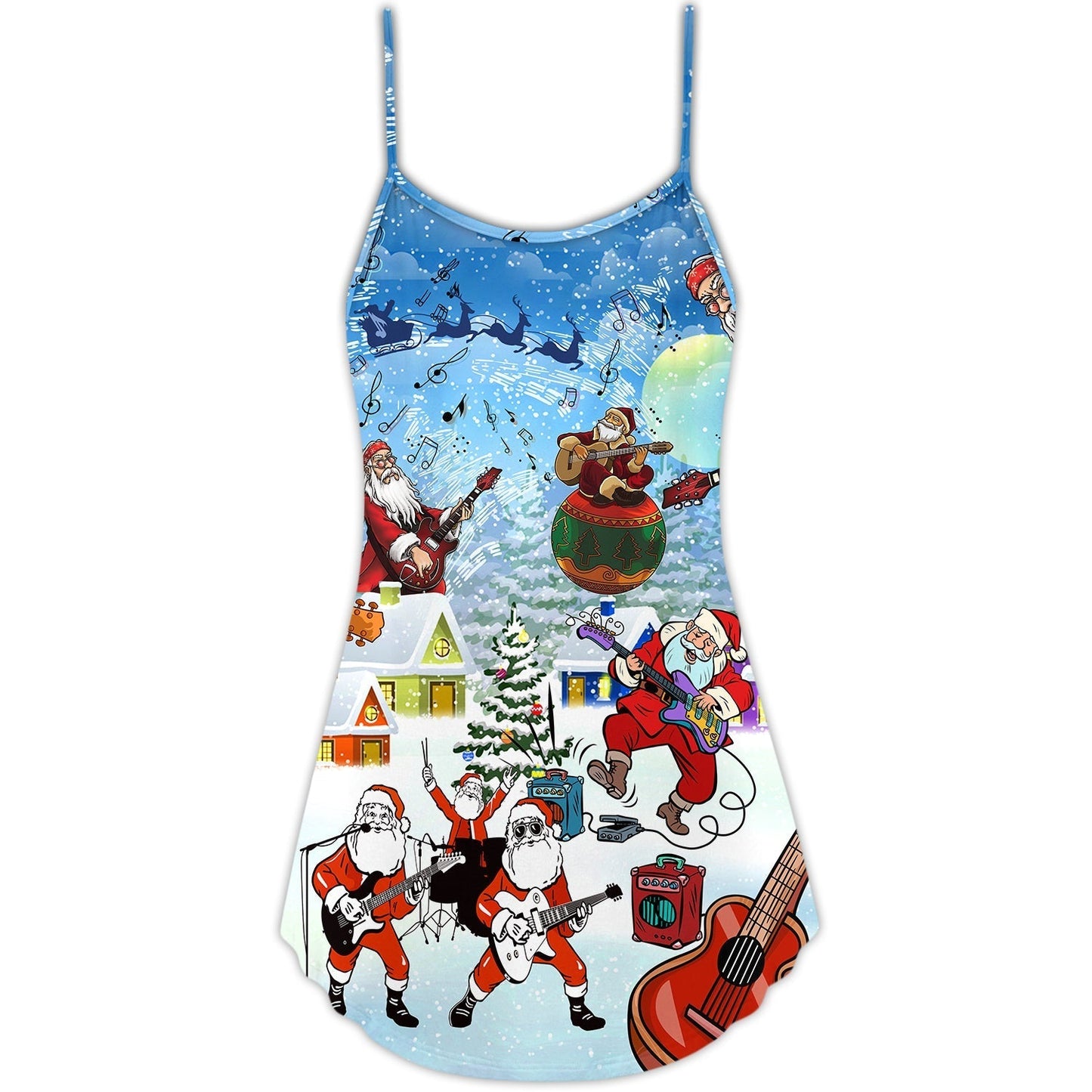 Christmas Santa Loves Music Guitar V-Neck Sleeveless Cami Dress For Summer Events And Comfortable Everyday Style