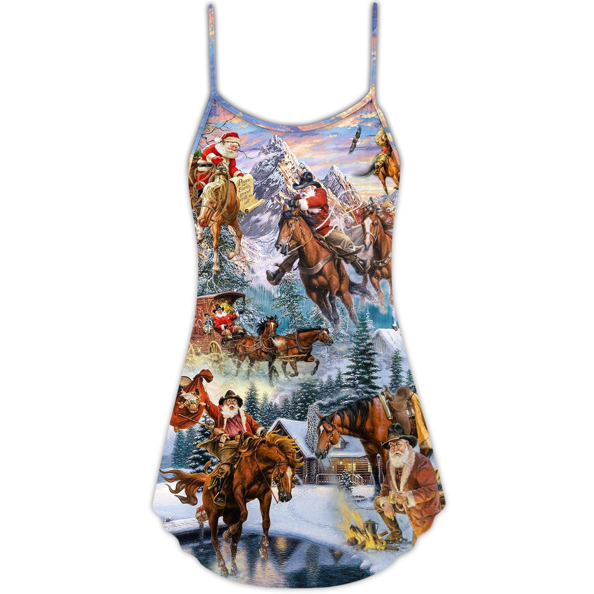 Christmas Santa Riding Horse Snow Mountain V-Neck Sleeveless Cami Dress For Summer Events And Comfortable Everyday Style