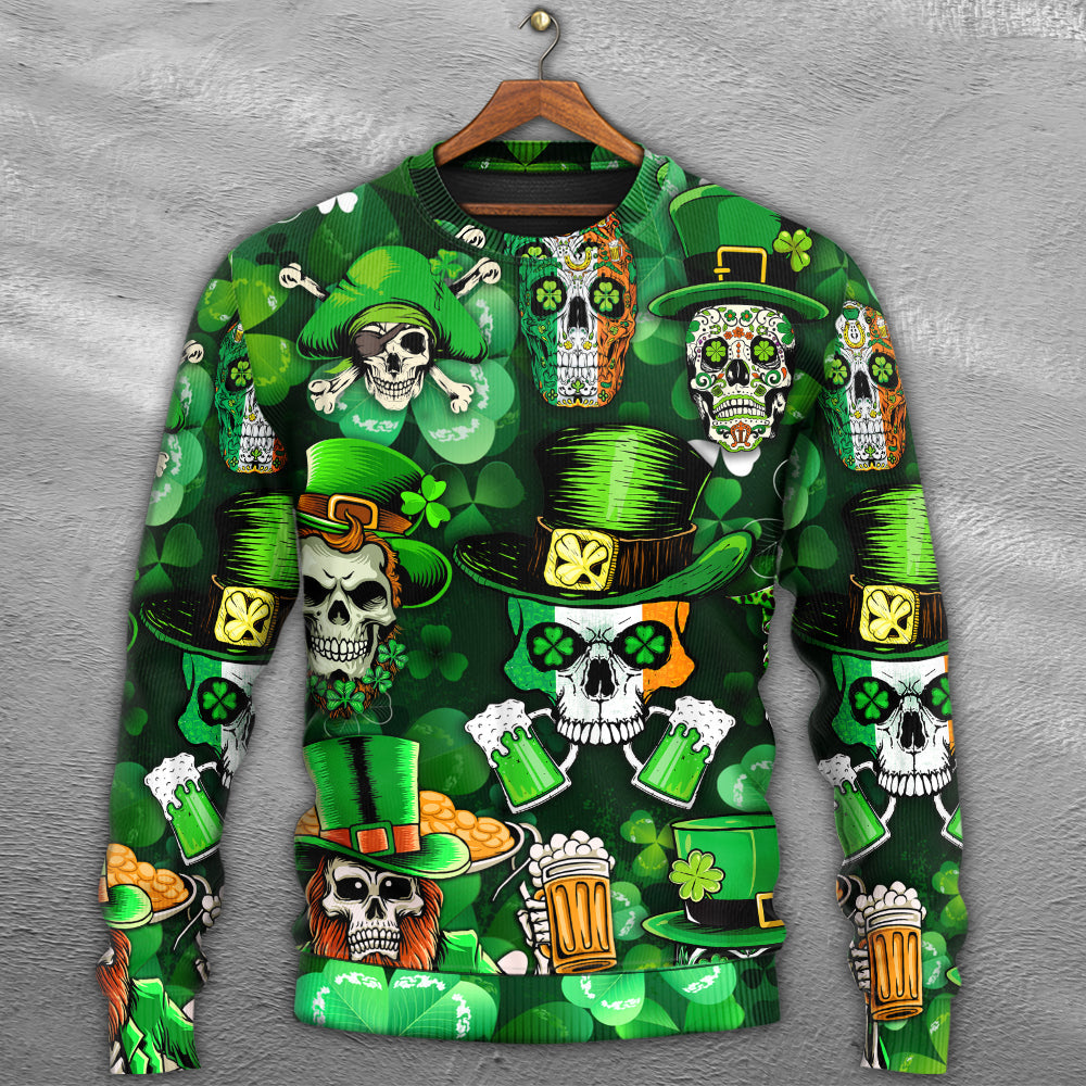 Irish Skull St Patrick Green Light Sweater For Art Lovers Holidays Parties And Comfortable Wear