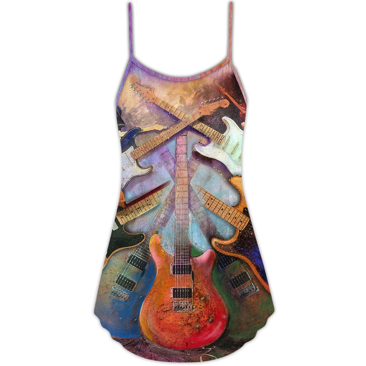 Abstract Colorful Guitar Lover V-Neck Sleeveless Cami Dress For Festivals Travel And Relaxed Casual Summer Wear