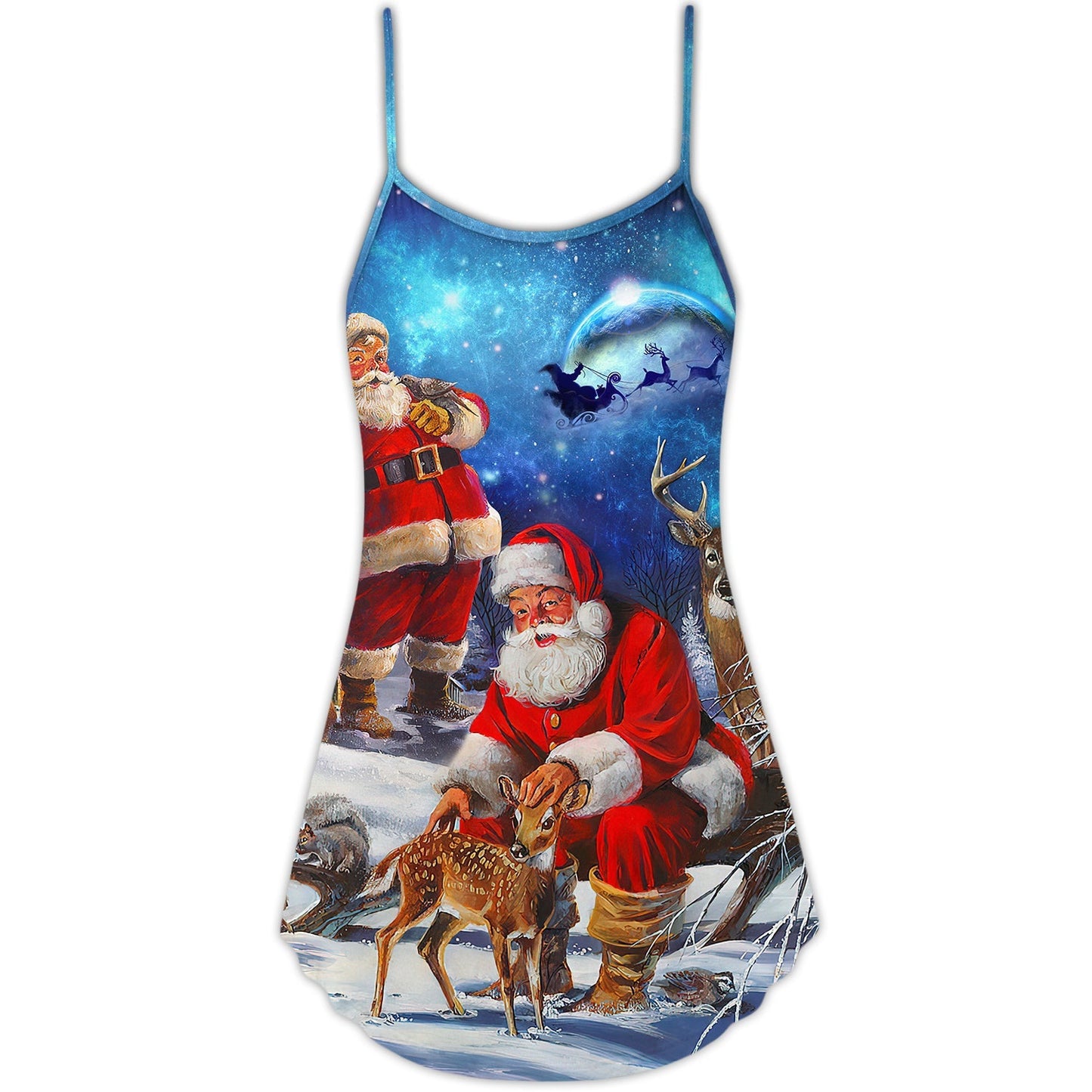 Santa Night Sky Christmas V-Neck Sleeveless Cami Dress For Vacations Parties And Expressive Warm Weather Styling