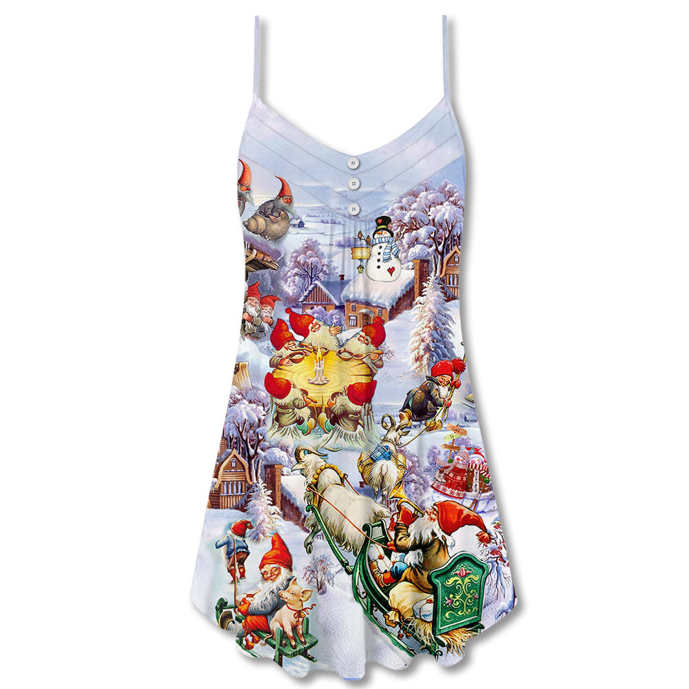 Christmas Santa And Gnomes V-Neck Sleeveless Cami Dress For Festivals Travel And Relaxed Casual Summer Wear