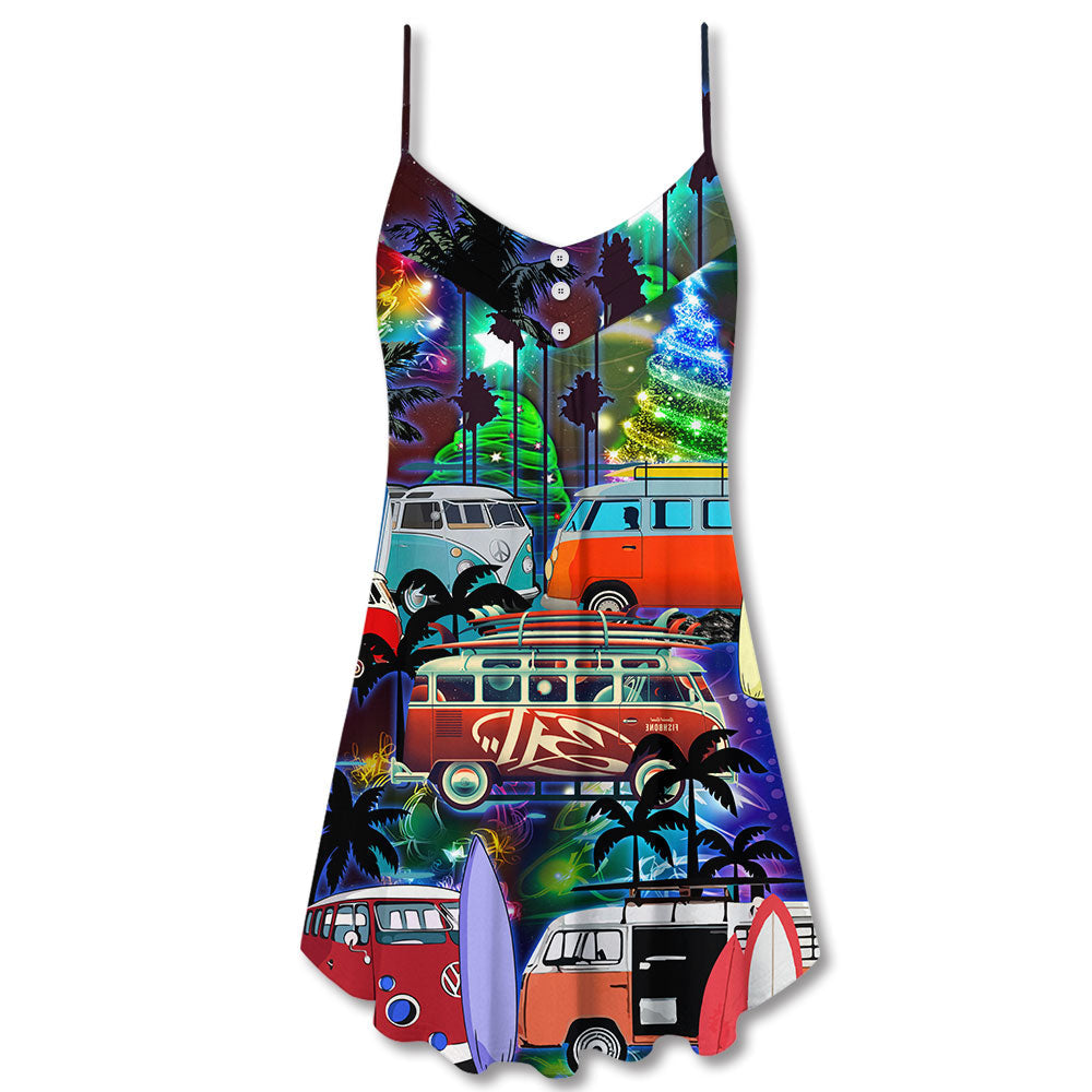 Christmas Van Bus Beach Style V-Neck Sleeveless Cami Dress For Vacations And Casual Warm Weather Wear